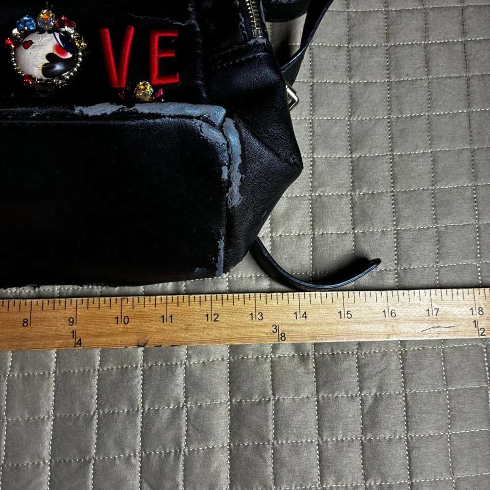 Love‎ Moschino Black Faux Leather Backpack Jeweled Patches Red Logo AS IS Repair
